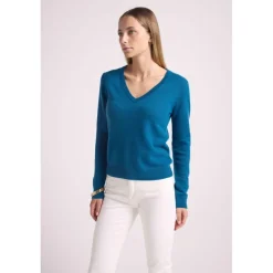 Pull femme col V ZEFINA en cachemire bleu peacock
