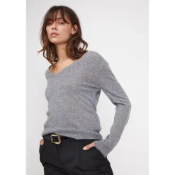 Pull femme col V ZEFINA en cachemire gris fonce