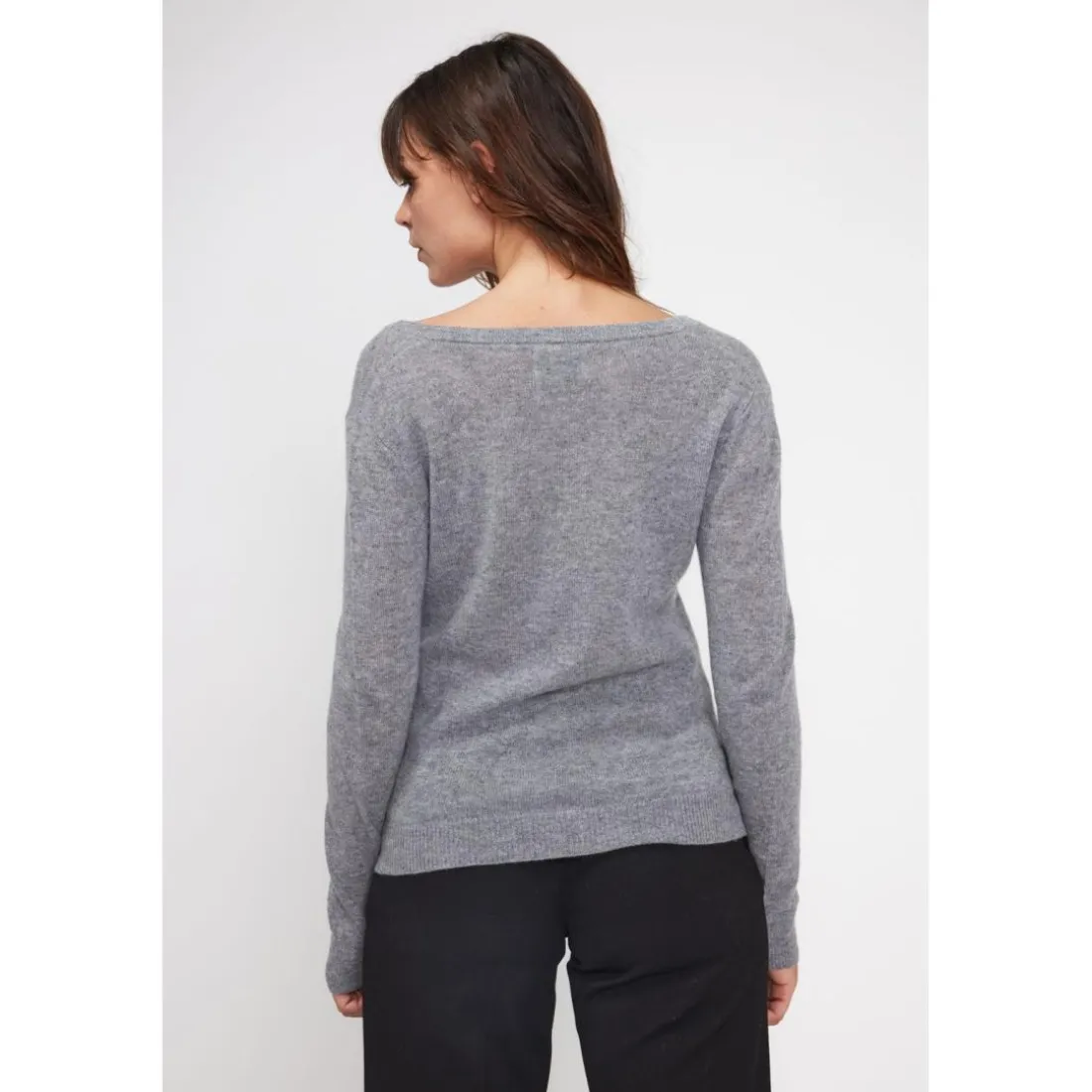 Pull femme col V ZEFINA en cachemire gris fonce