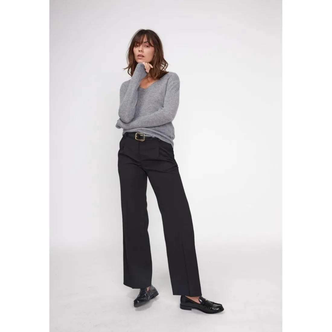 Pull femme col V ZEFINA en cachemire gris fonce