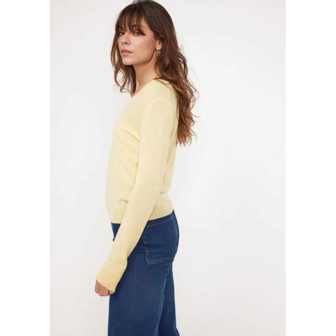 Pull femme col V ZEFINA en cachemire jaune