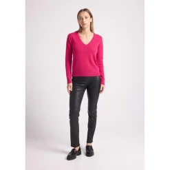 Pull femme col V ZEFINA en cachemire fuchsia