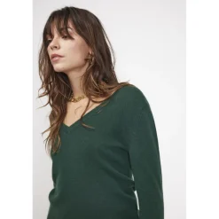 Pull femme col V ZEFINA en cachemire vert sapin
