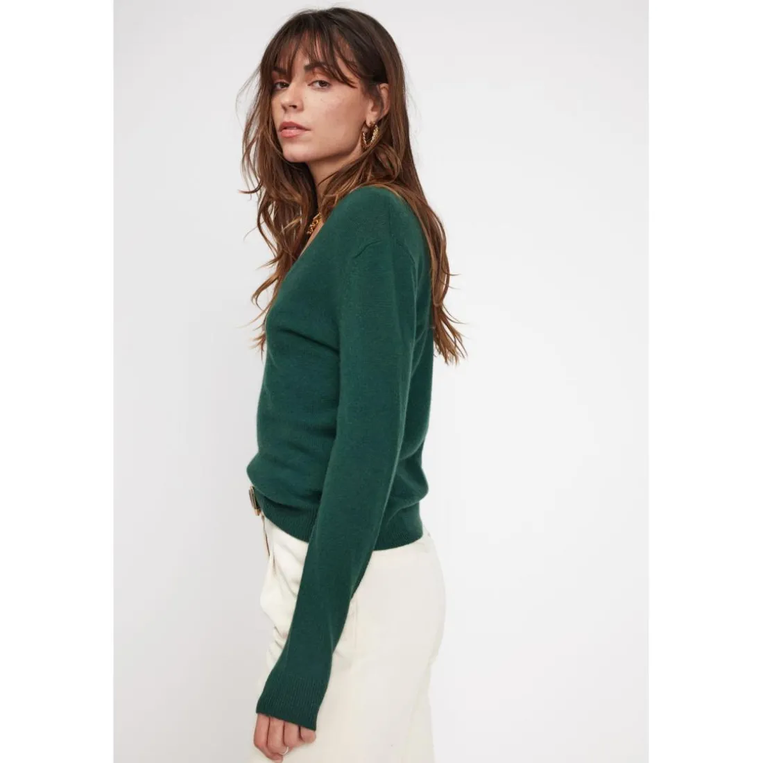 Pull femme col V ZEFINA en cachemire vert sapin