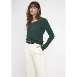 Pull femme col V ZEFINA en cachemire vert sapin