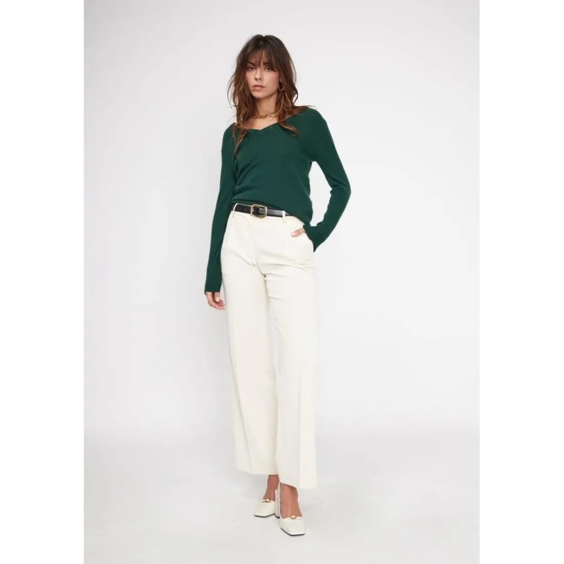 Pull femme col V ZEFINA en cachemire vert sapin