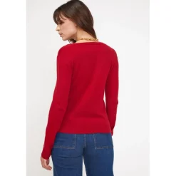 Pull femme col V ZEFINA en cachemire rouge