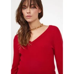Pull femme col V ZEFINA en cachemire rouge