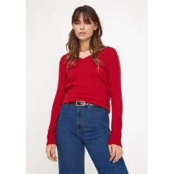 Pull femme col V ZEFINA en cachemire rouge