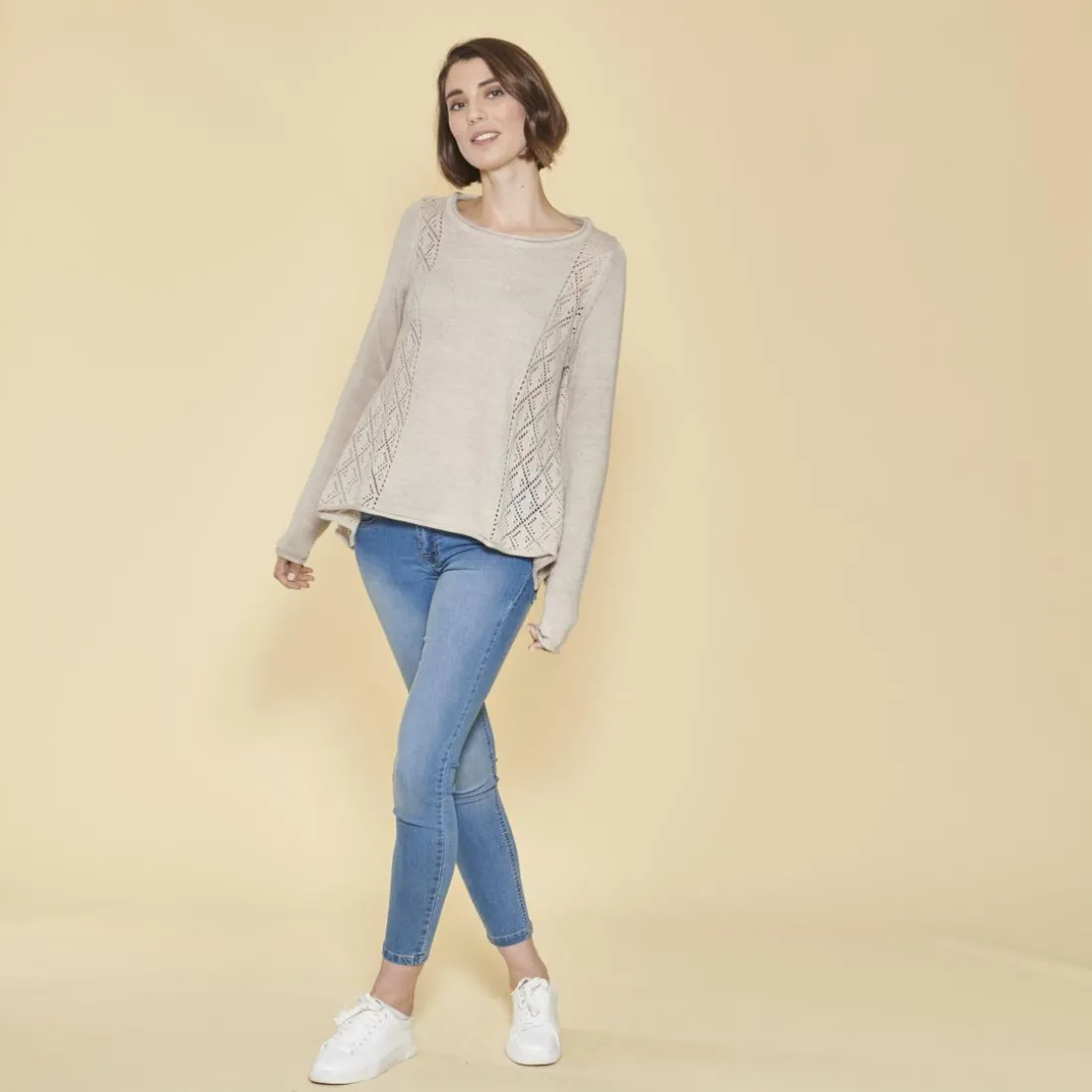 Pull fendu manches longues pièces ajourées femme - Beige