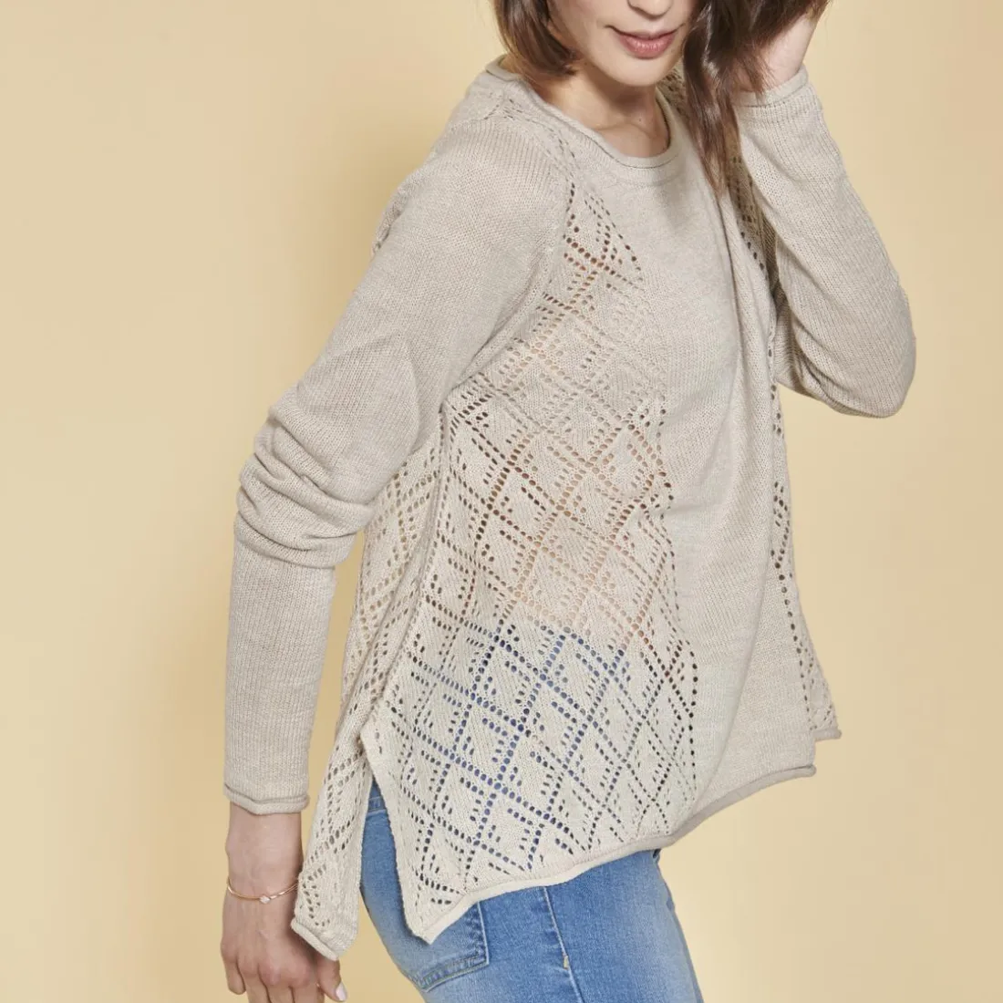 Pull fendu manches longues pièces ajourées femme - Beige