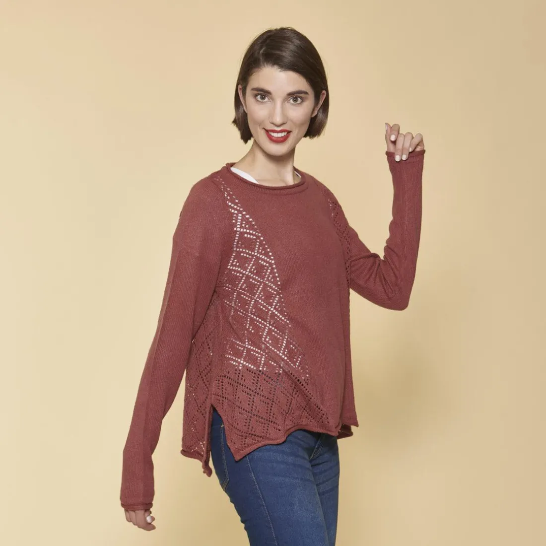 Pull fendu manches longues pièces ajourées femme - Rose Pâle