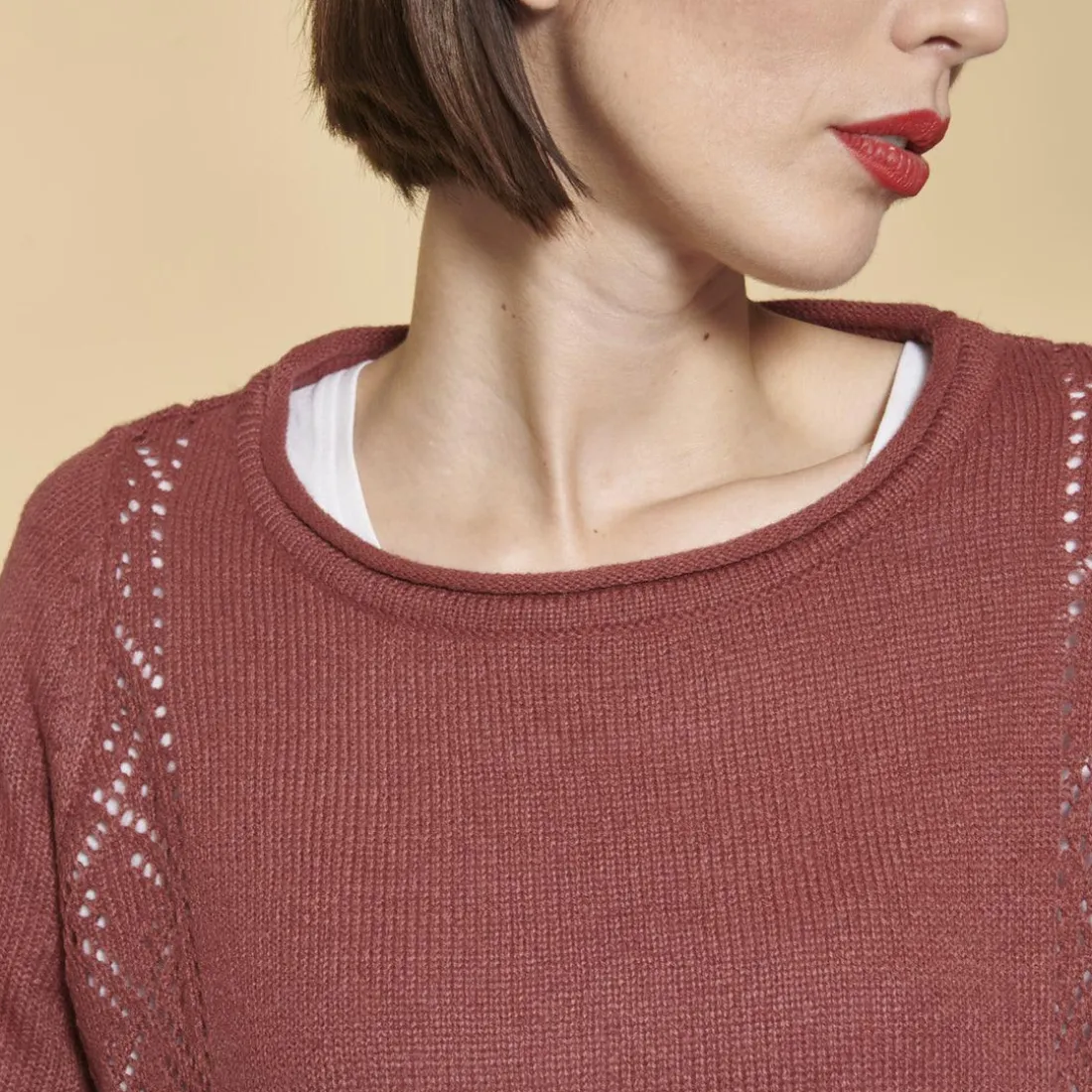 Pull fendu manches longues pièces ajourées femme - Rose Pâle