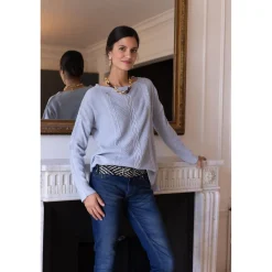 Pull fendu manches longues tressé devant femme - Bleu Clair Chiné multicolore