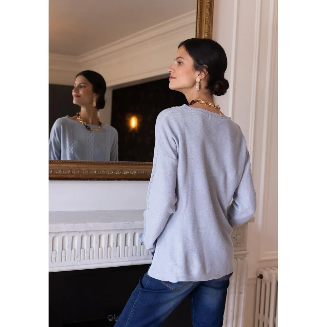 Pull fendu manches longues tressé devant femme - Bleu Clair Chiné multicolore