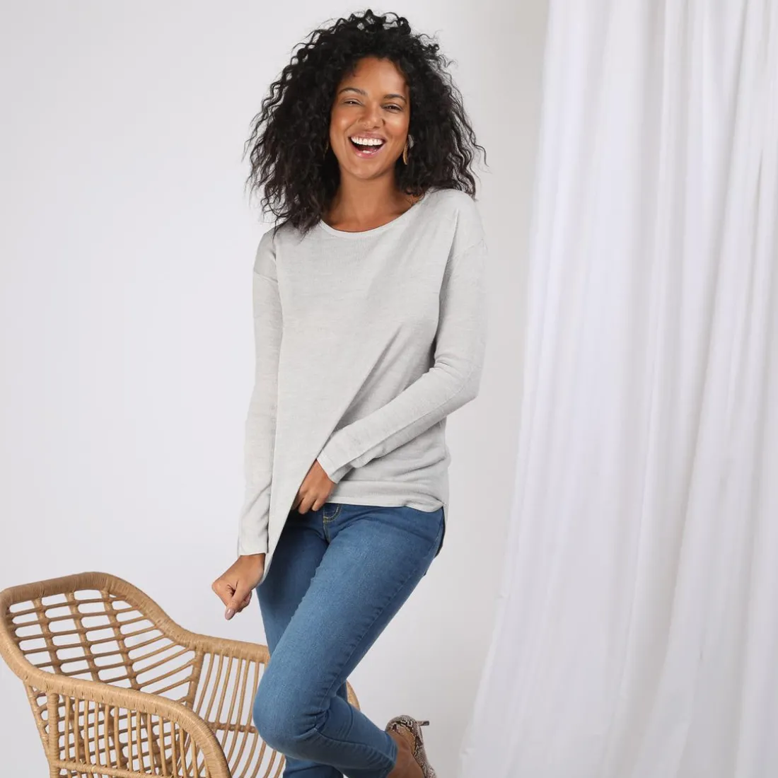 Pull fin asymétrique manches longues femme - Gris Perle