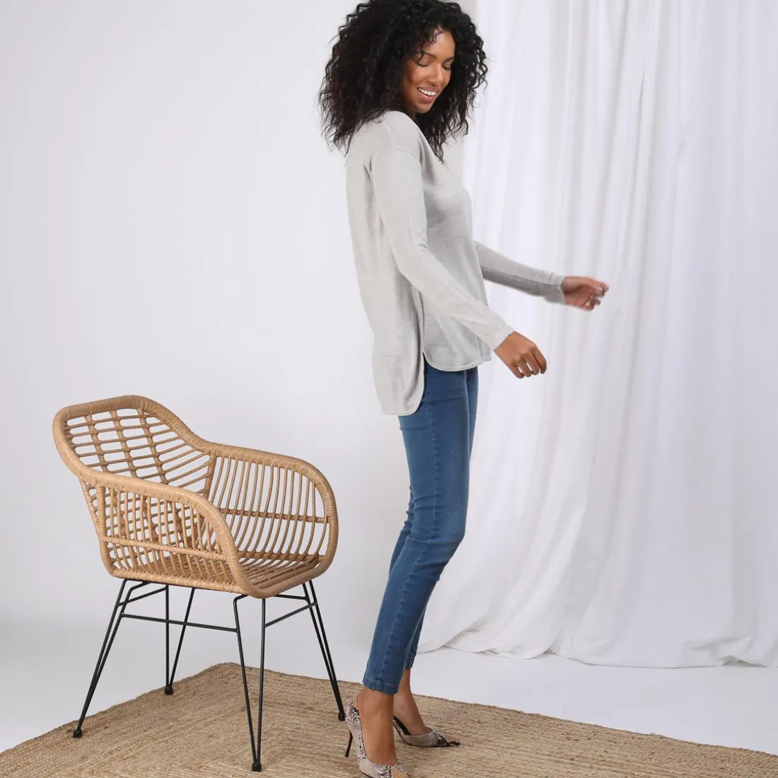 Pull fin asymétrique manches longues femme - Gris Perle