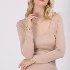 Pull fin col V James en viscose beige