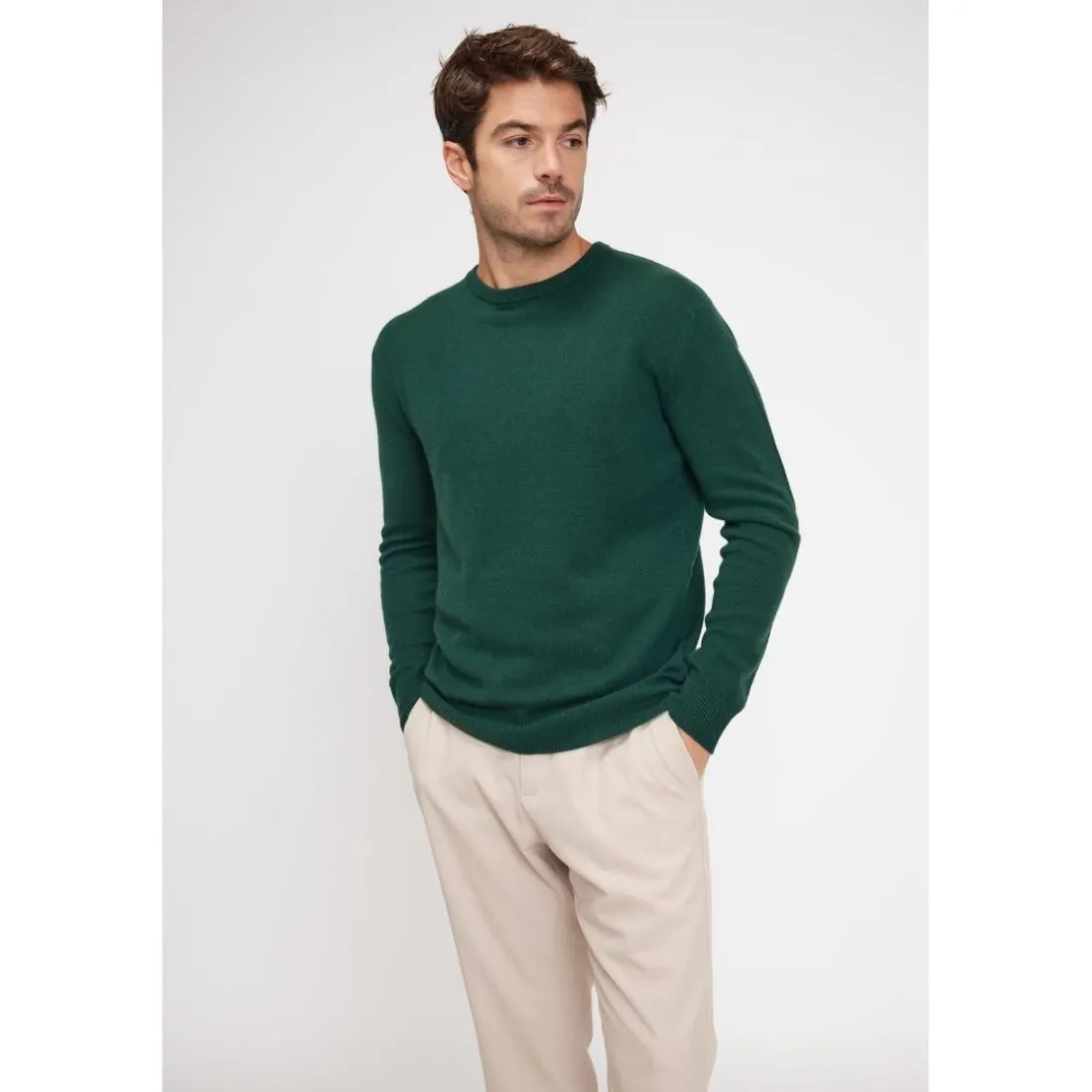 Pull homme col rond ZACH en cachemire vert sapin