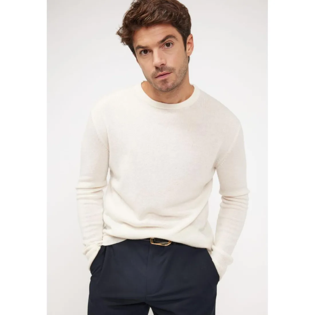 Pull homme col rond ZACH en cachemire ecru