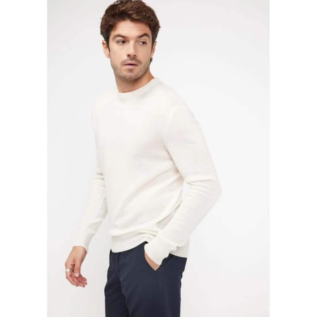 Pull homme col rond ZACH en cachemire ecru