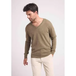 Pull homme col V ZAHER en cachemire kaki