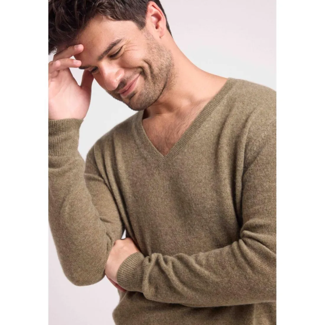 Pull homme col V ZAHER en cachemire kaki