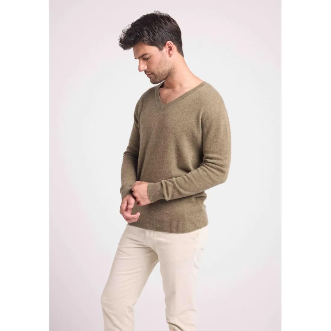 Pull homme col V ZAHER en cachemire kaki