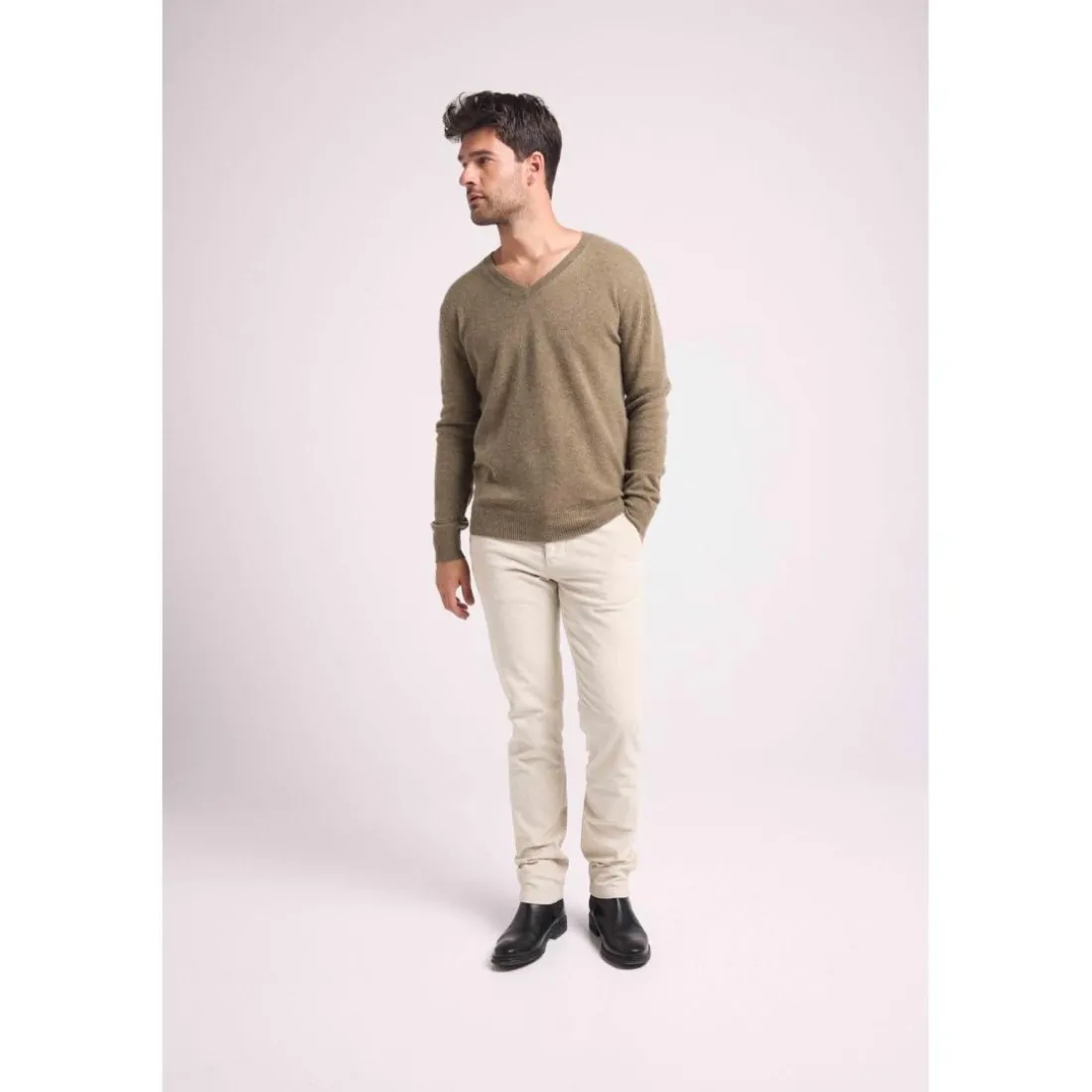 Pull homme col V ZAHER en cachemire kaki