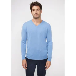 Pull homme col V ZAHER en cachemire bleu ciel