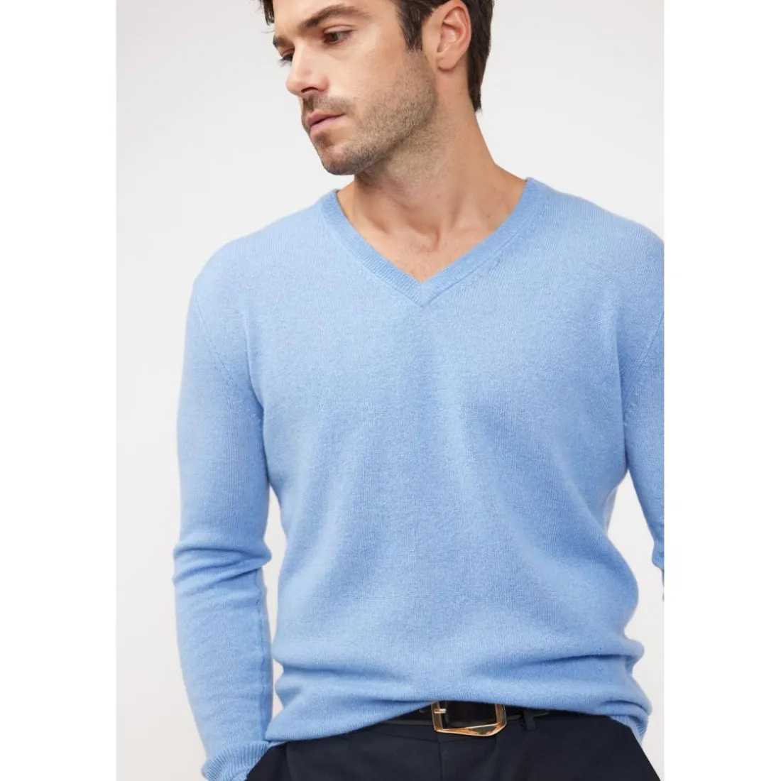 Pull homme col V ZAHER en cachemire bleu ciel