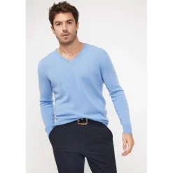 Pull homme col V ZAHER en cachemire bleu ciel