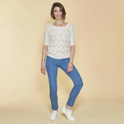 Pull manches aux coudes maille fantaisie aspect mohair femme - écru blanc