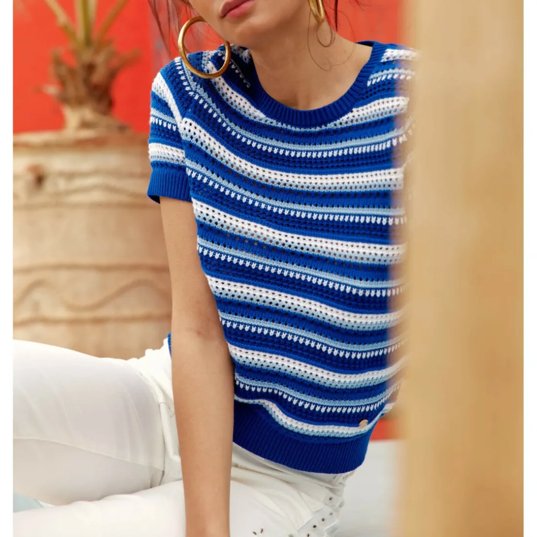 Pull Manches Courtes MONET bleu en coton