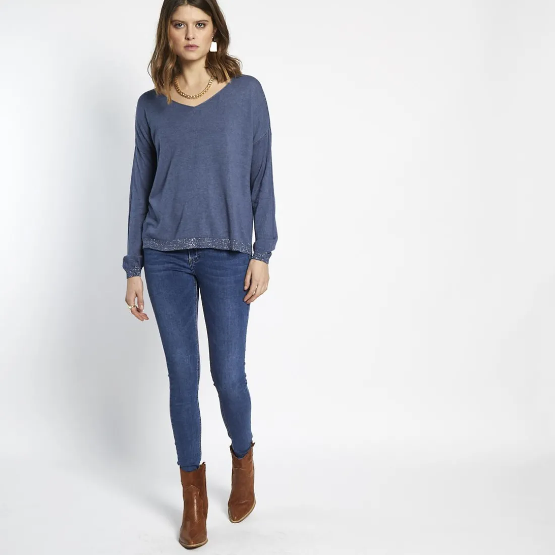 Pull manches longues col V Malo en coton modal