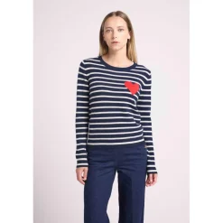 Pull mariniere col rond love heritage ARIANE en cachemire bleu cœur rouge