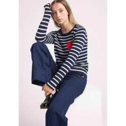 Pull mariniere col rond love heritage ARIANE en cachemire bleu cœur rouge