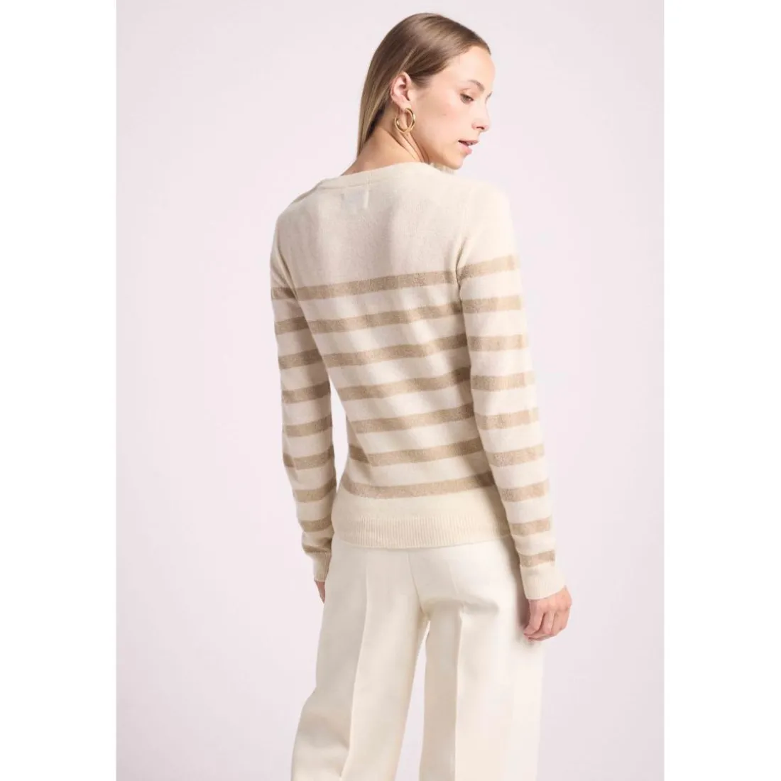 Pull Mariniere femme ZAROL en cachemire ecru dore