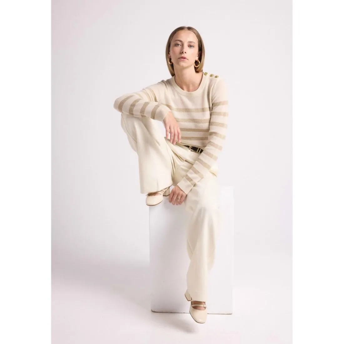 Pull Mariniere femme ZAROL en cachemire ecru dore