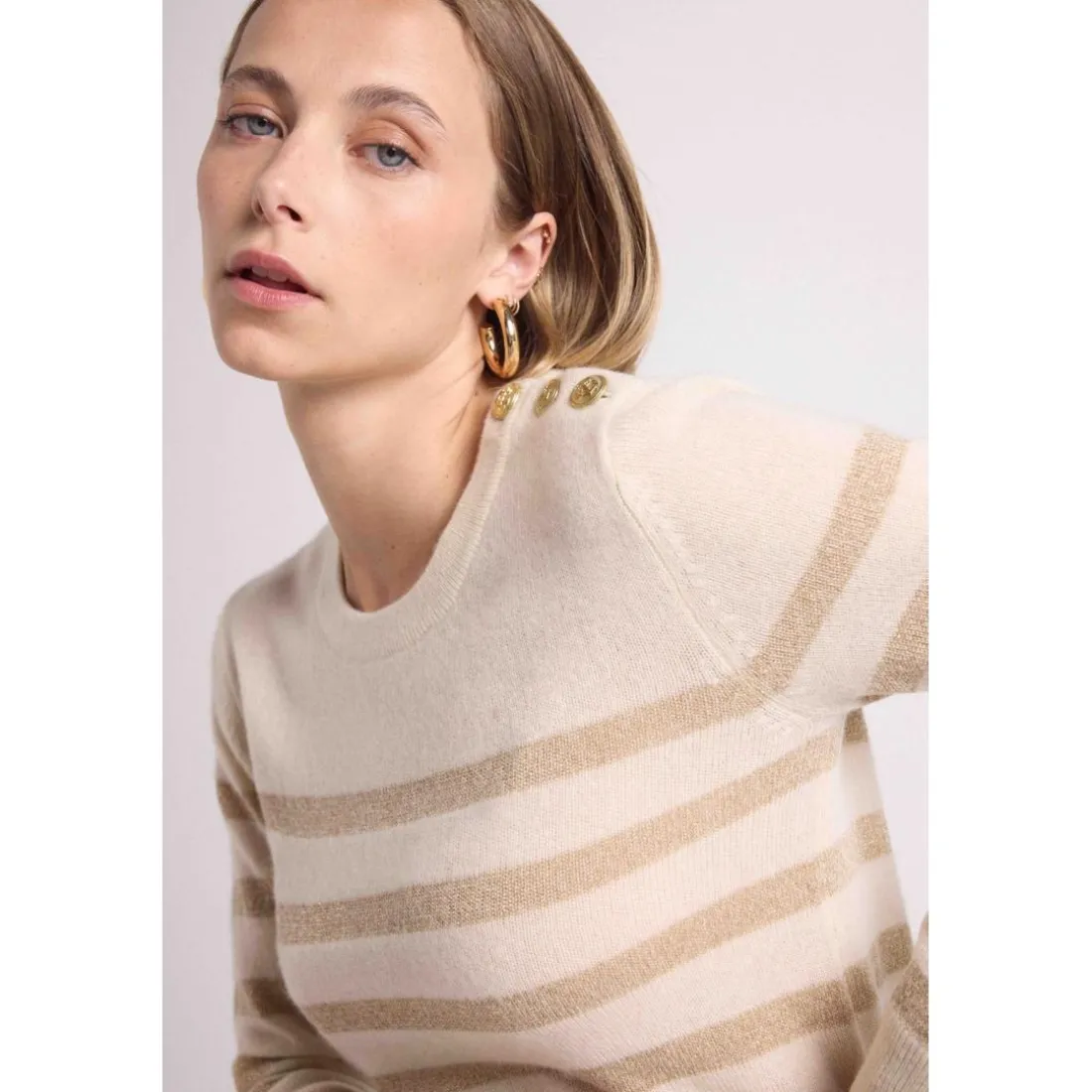 Pull Mariniere femme ZAROL en cachemire ecru dore