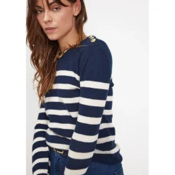 Pull Mariniere femme ZAROL en cachemire bleu marine ecru