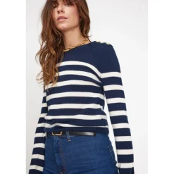 Pull Mariniere femme ZAROL en cachemire bleu marine ecru