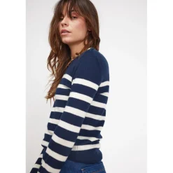 Pull Mariniere femme ZAROL en cachemire bleu marine ecru