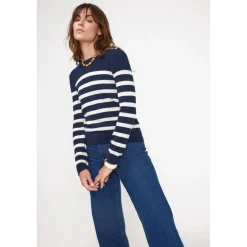 Pull Mariniere femme ZAROL en cachemire bleu marine ecru