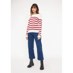 Pull Mariniere femme ZAROL en cachemire ecru rouge