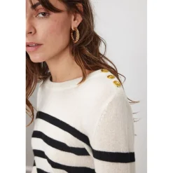 Pull Mariniere femme ZAROL en cachemire ecru noir