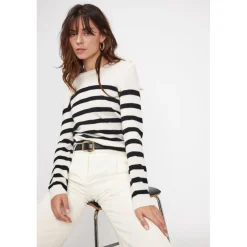 Pull Mariniere femme ZAROL en cachemire ecru noir