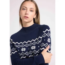 Pull montagne col montant CLARA en cachemire bleu marine et blanc