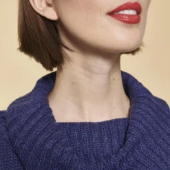 Pull oversize fendu et asymétrique col roulé manches longues femme - Bleu Dur
