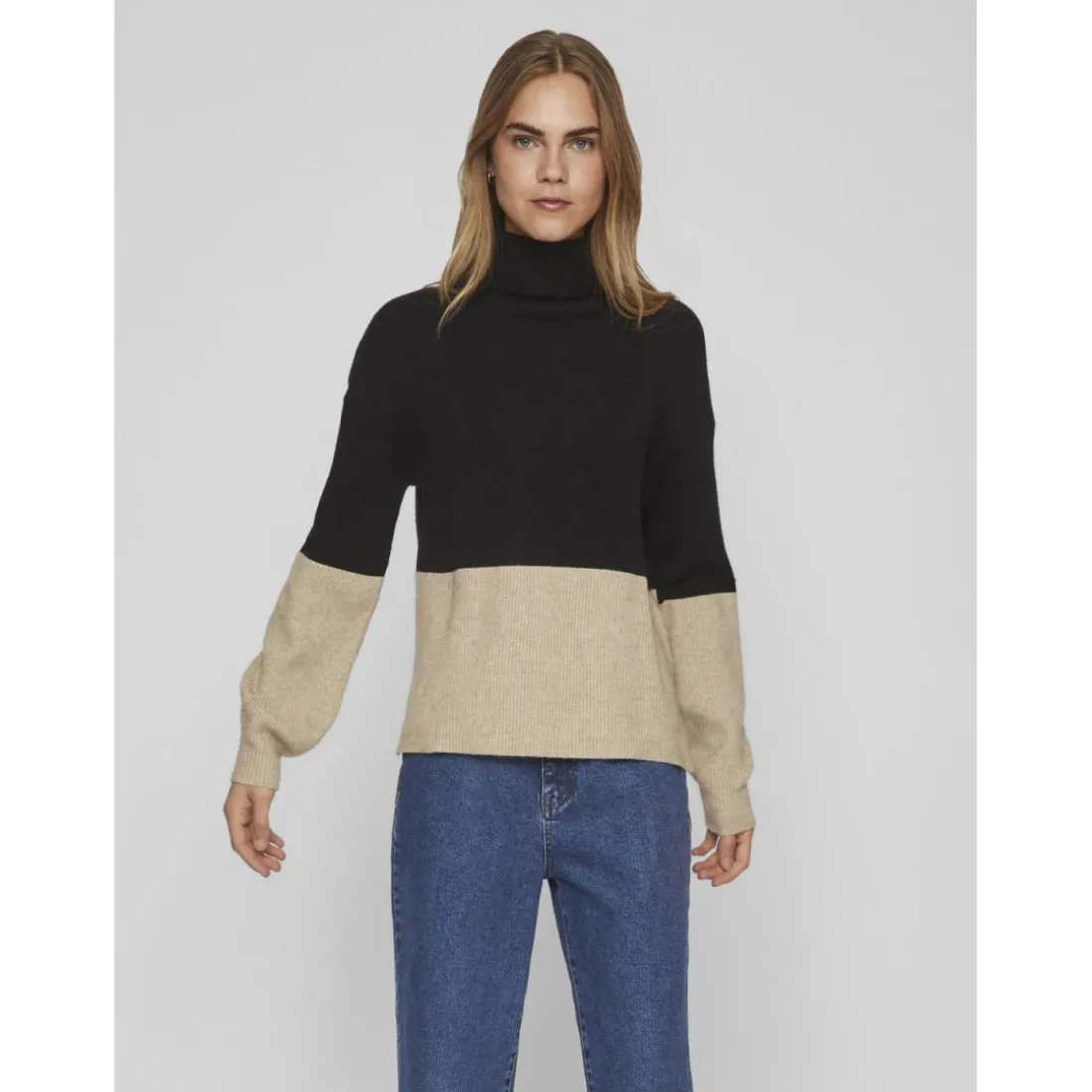 Pull poignets côtelés col roulé noir en viscose